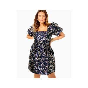 LILLY PULITZER KASSLYN DRESS Low
Tide Navy Gold Puff Floral Brocade SIZE 16 NWT